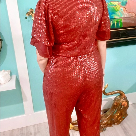 Red sequin formal party special occasion pantsuit jumpsuit with self tie belt - Picture 4 of 4